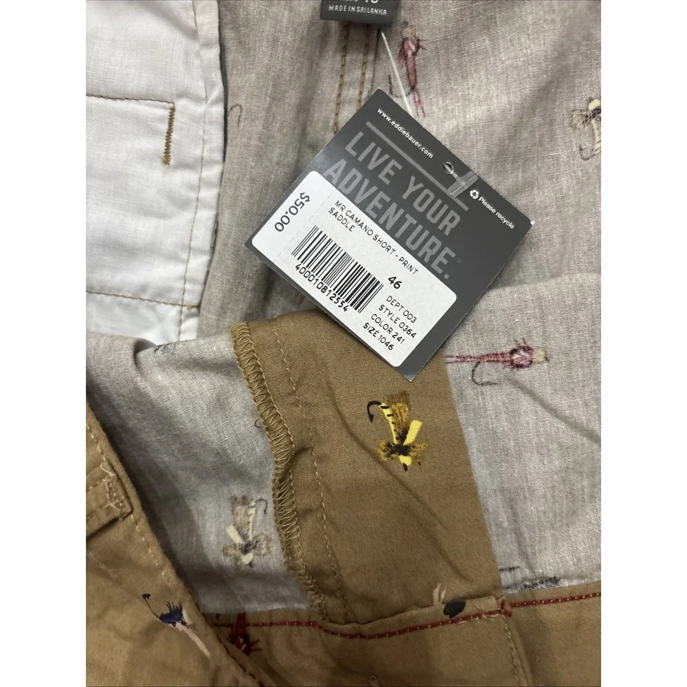 Eddie Bauer Shorts Mens Sz 46 Beige Camano Chino Fly Fishing Print Casual Summer